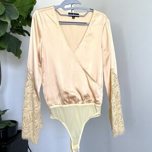 Lulu's Yellow Half Wrap Bodysuit Lace Bell Sleeve Size S